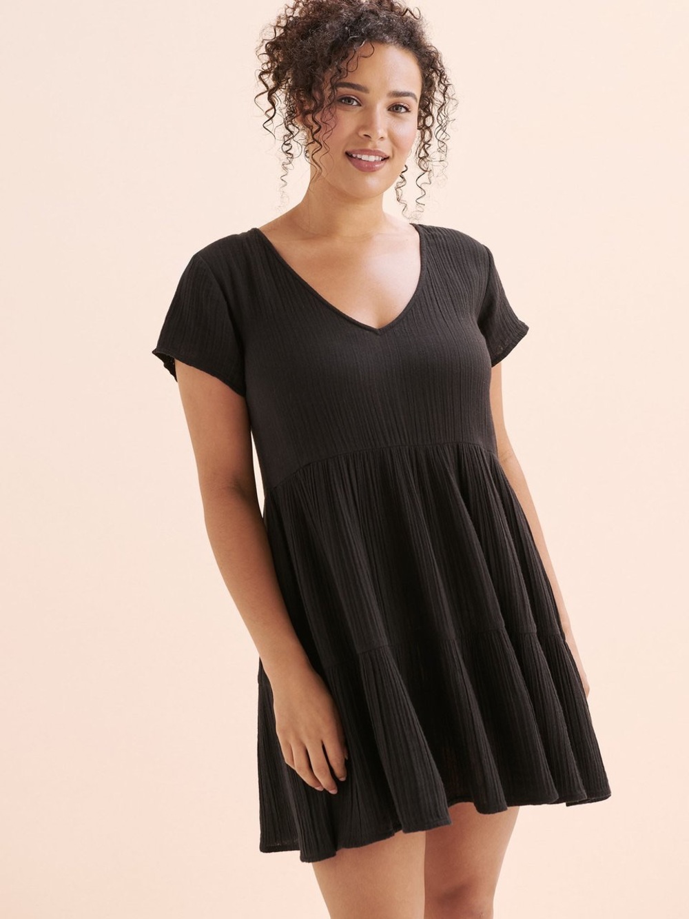 RIP CURL Premium Surf Short Sleeves Dress Black V-Neck Tiered Dress tiered XS